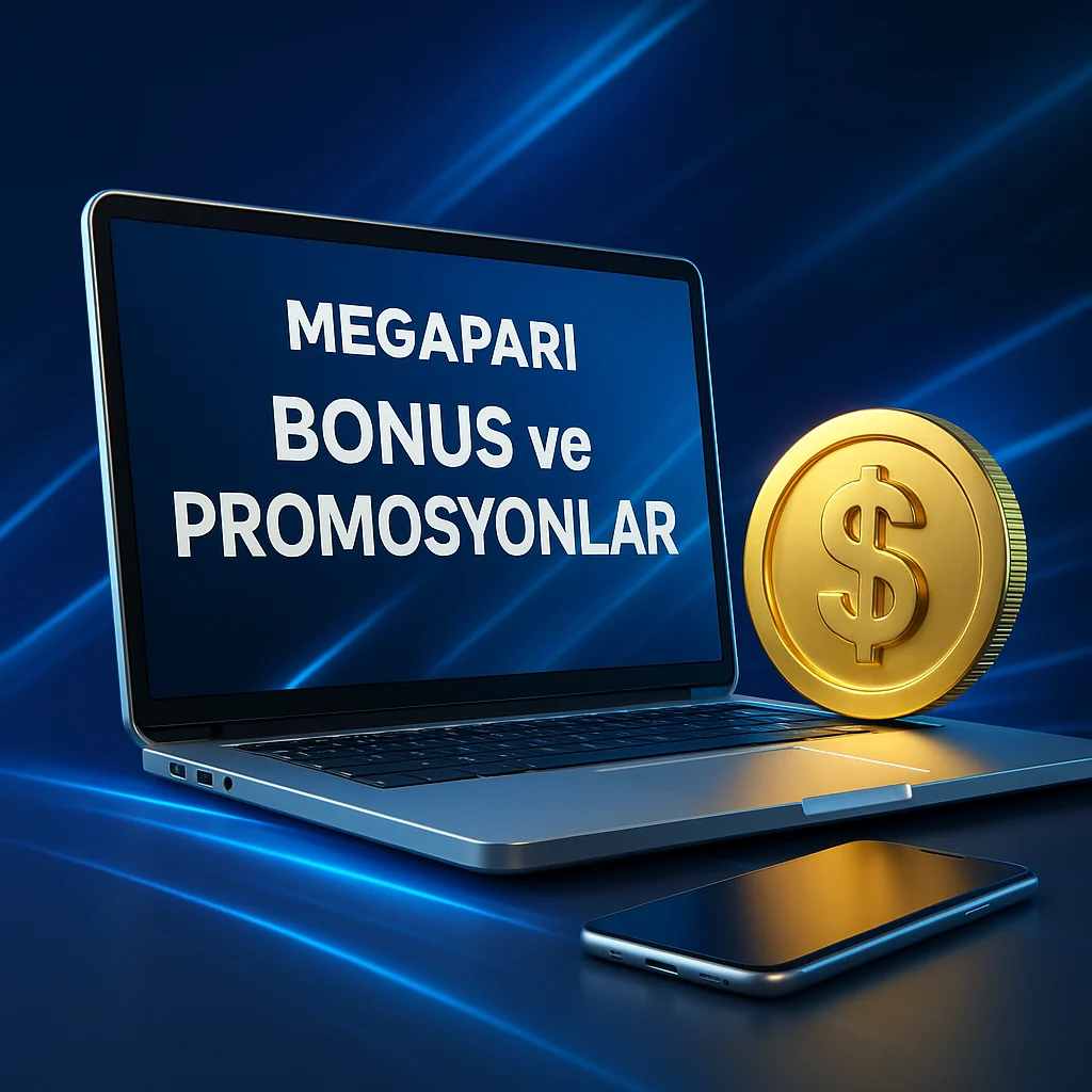 Megapari Bonus ve Promosyonlar Altın madeni para ve dizüstü bilgisayarla bonus görseli