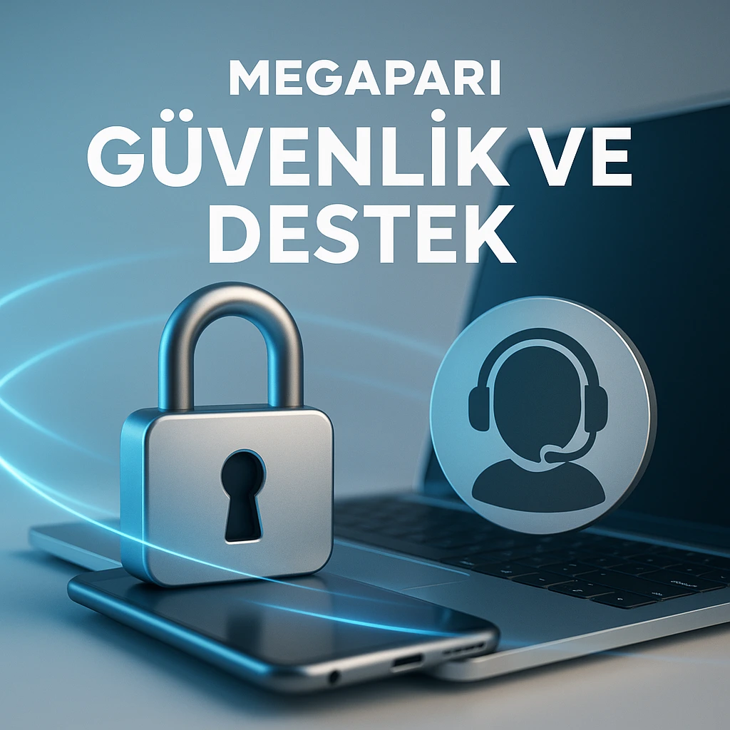 Megapari Güvenlik ve Destek Laptop ve kilit simgesiyle güvenlik ve destek görseli