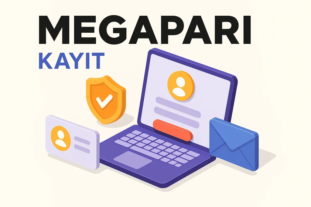 Megapari kayıt olma ekranı, isometrik laptop ve güvenlik simgeleri